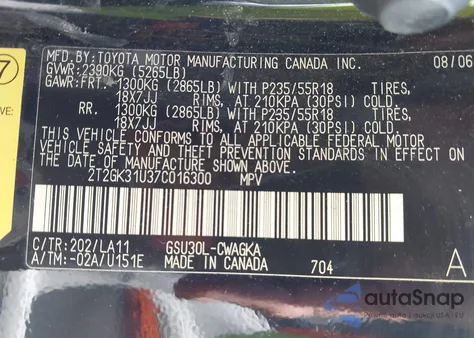 2007 Lexus Rx 350 from USA, damaged, VIN 2T2GK31U37C016300